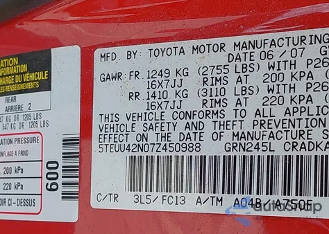 2007 Toyota Tacoma Base V6 z USA, uszkodzony, nr VIN 5TEUU42N07Z450988